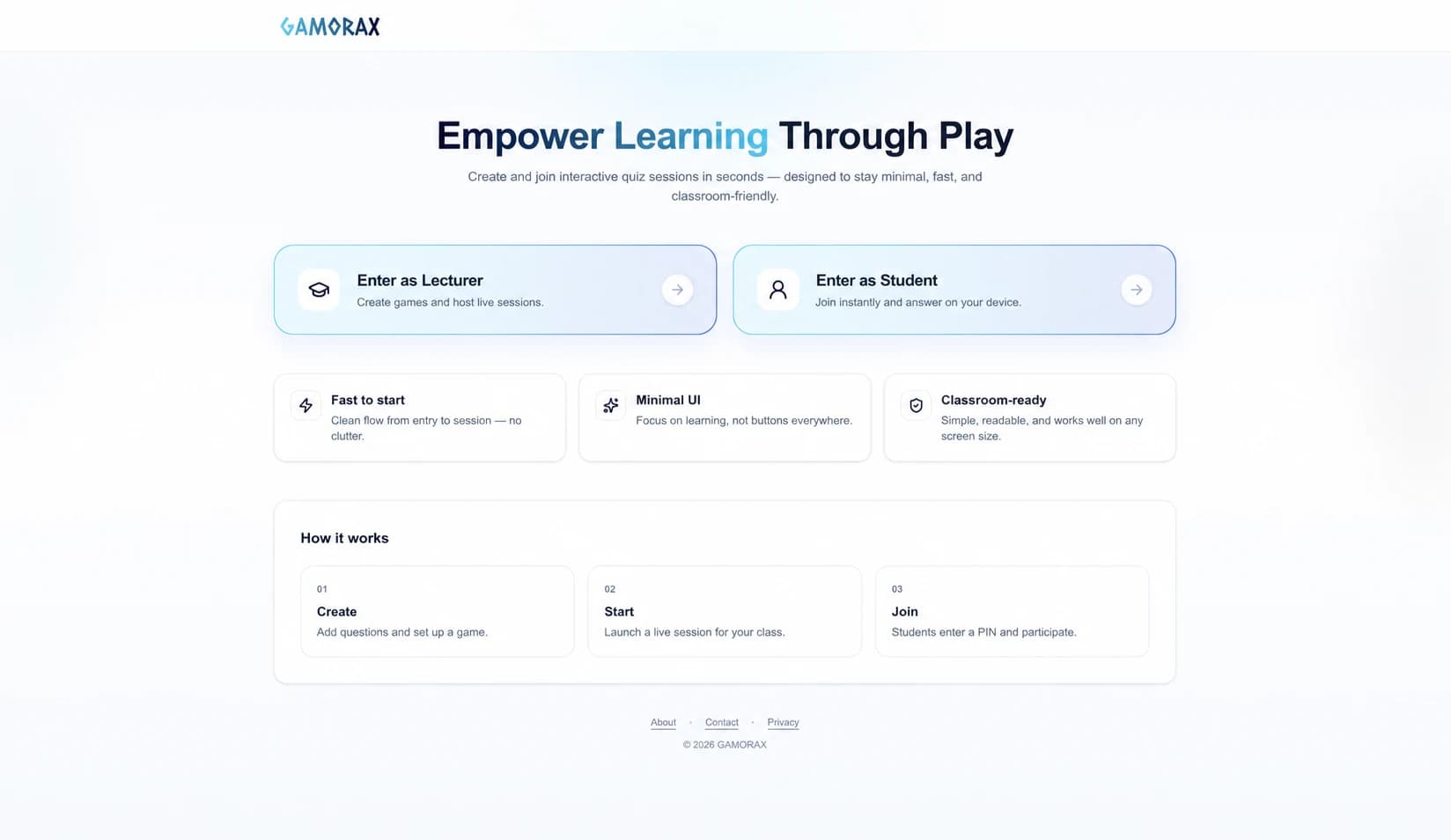 Gamorax landing page showing its classroom quiz platform
